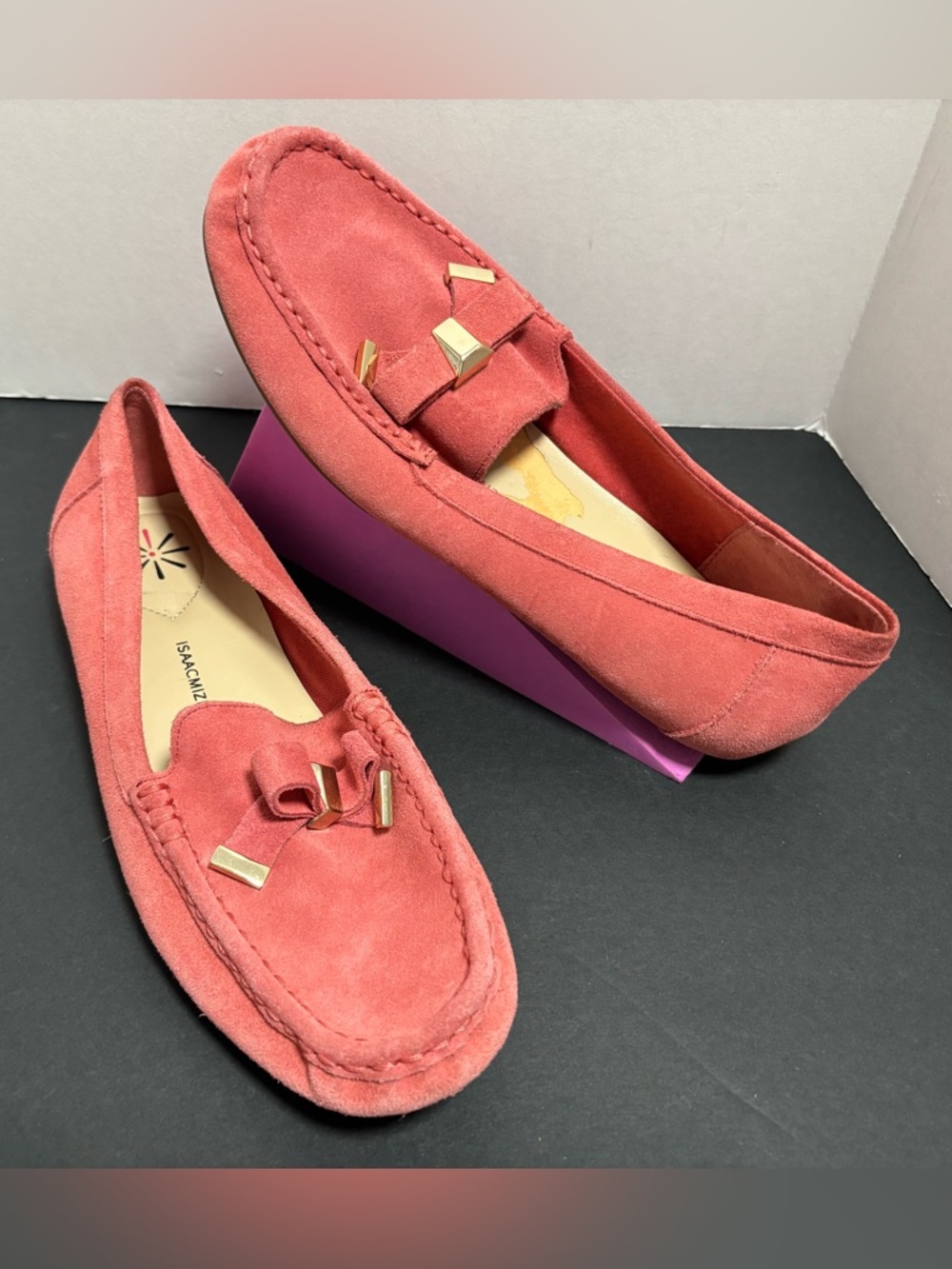 Isaac Mizrahi Coral Suede Loafers with Gold Hardware
